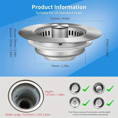 3-in-1 Stainless Steel Pop-Up Sink Strainer
