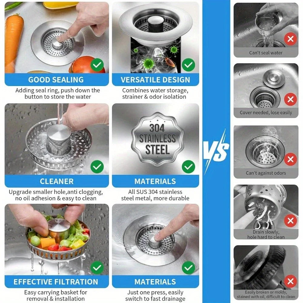 3-in-1 Stainless Steel Pop-Up Sink Strainer