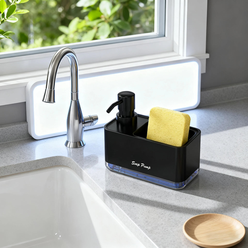 Dish Soap Dispenser with Sponge Holder – Kitchen Sink Caddy Pump
